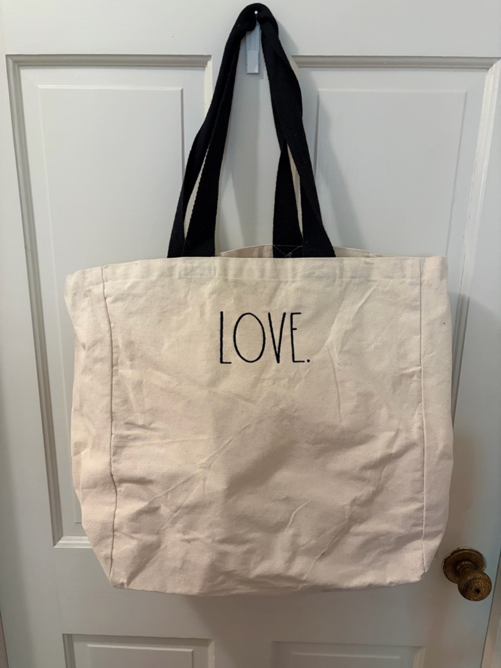 Rae Dunn Natural Canvas Tote with Black Handles-LOVE